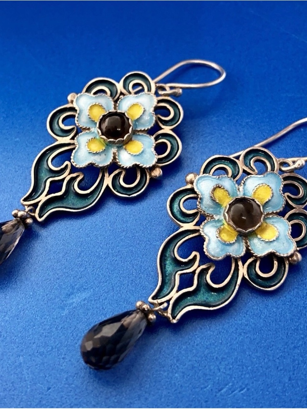 Vintage BJ Sterling silver 925 Smokey topaz enable floral scroll dangle earrings